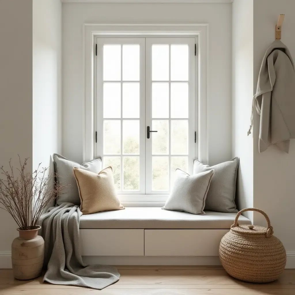 a photo of a cozy nook with a window seat and farmhouse decor