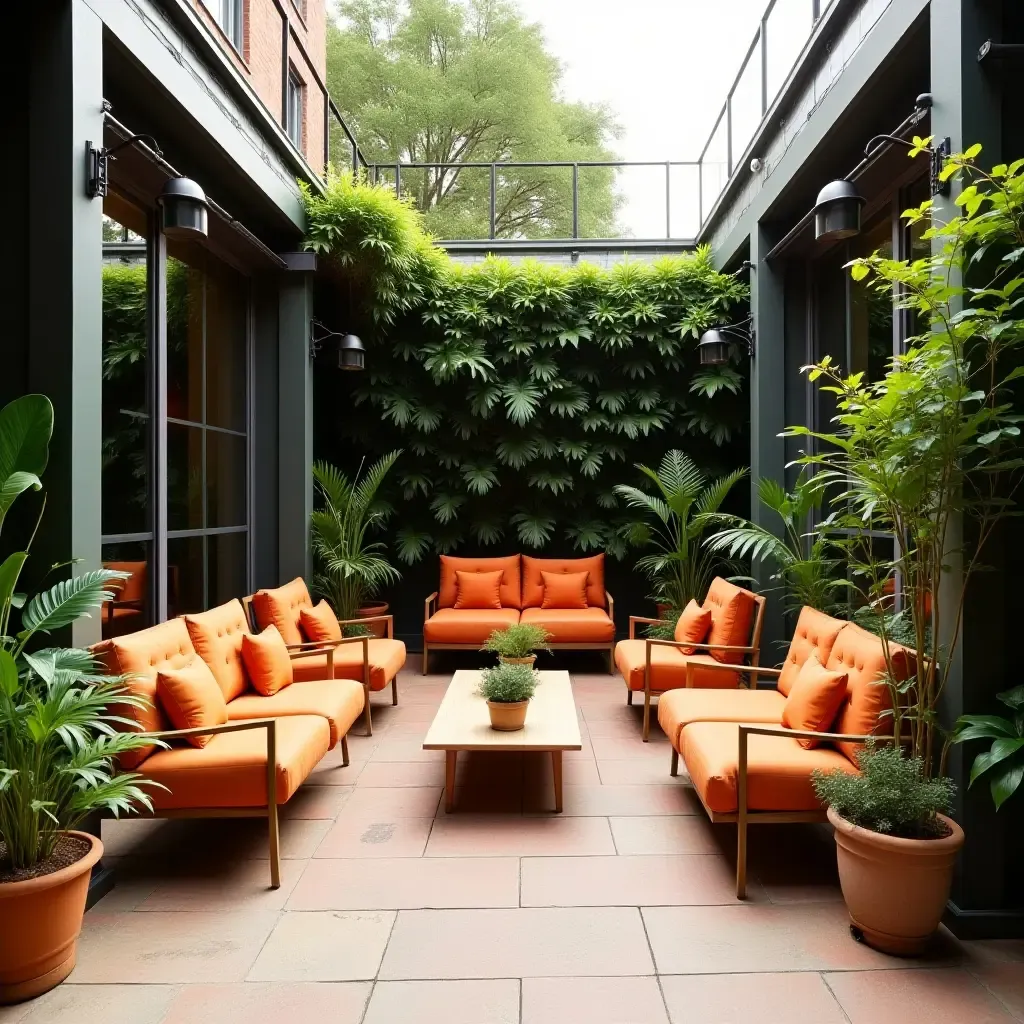 a photo of an outdoor patio with green plants and orange furniture for a lively vibe