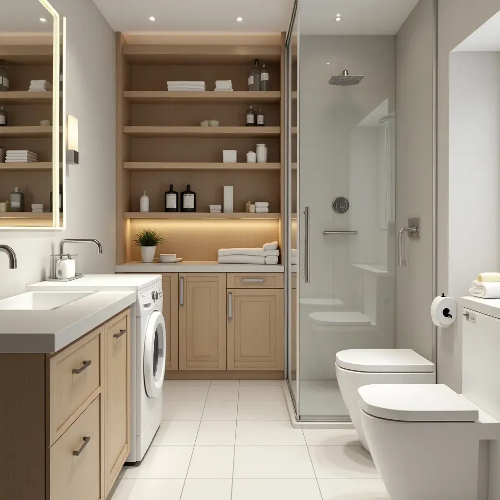 a photo of a multifunctional bathroom with laundry facilities and clever storage