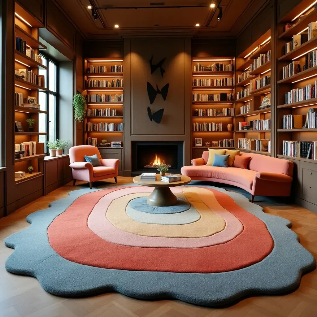 a photo of a unique shaped rug in a creatively designed library