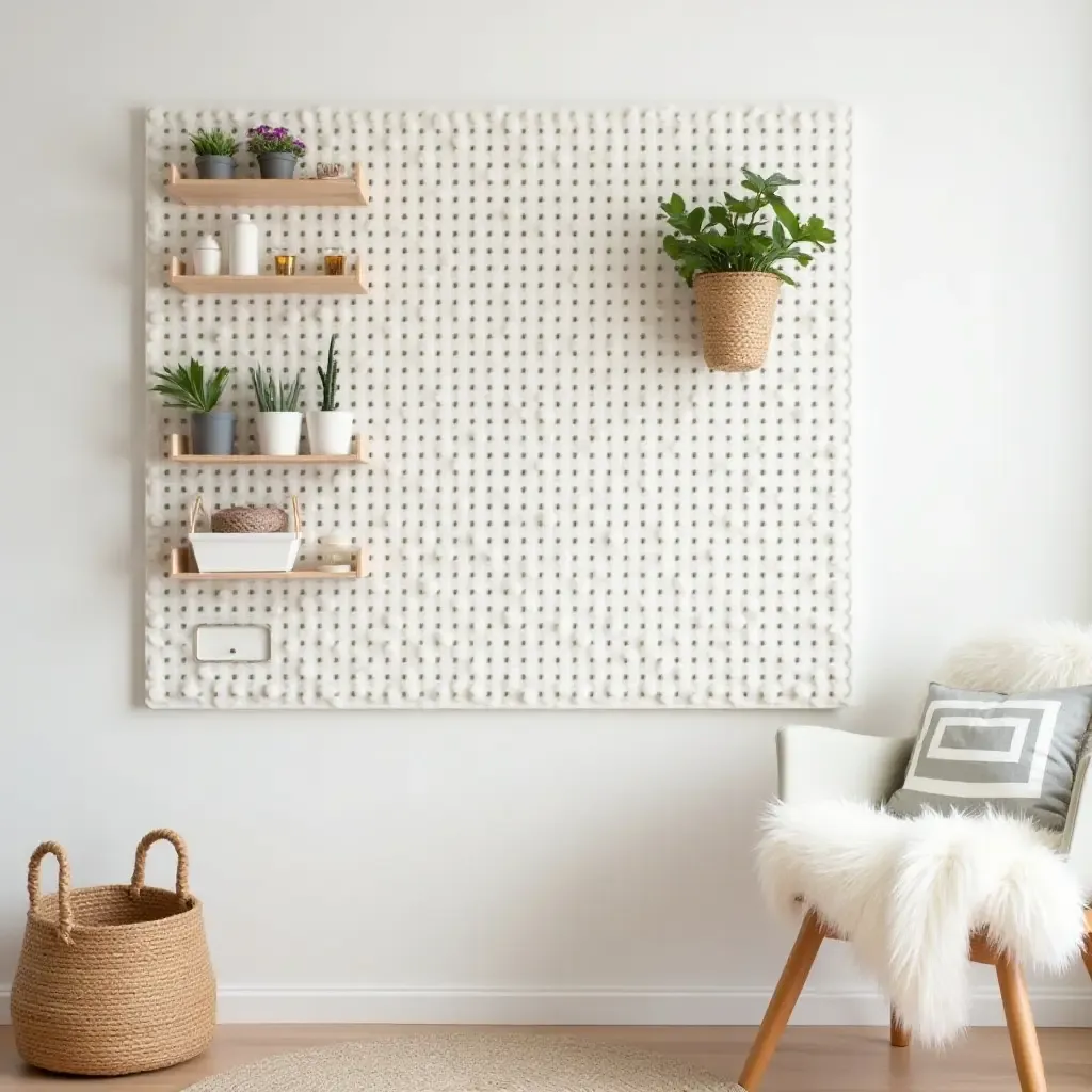 a photo of a charming nursery with a pegboard for organization