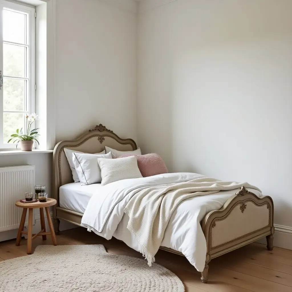 a photo of a chic bedroom for kids with vintage bed frame and modern linens