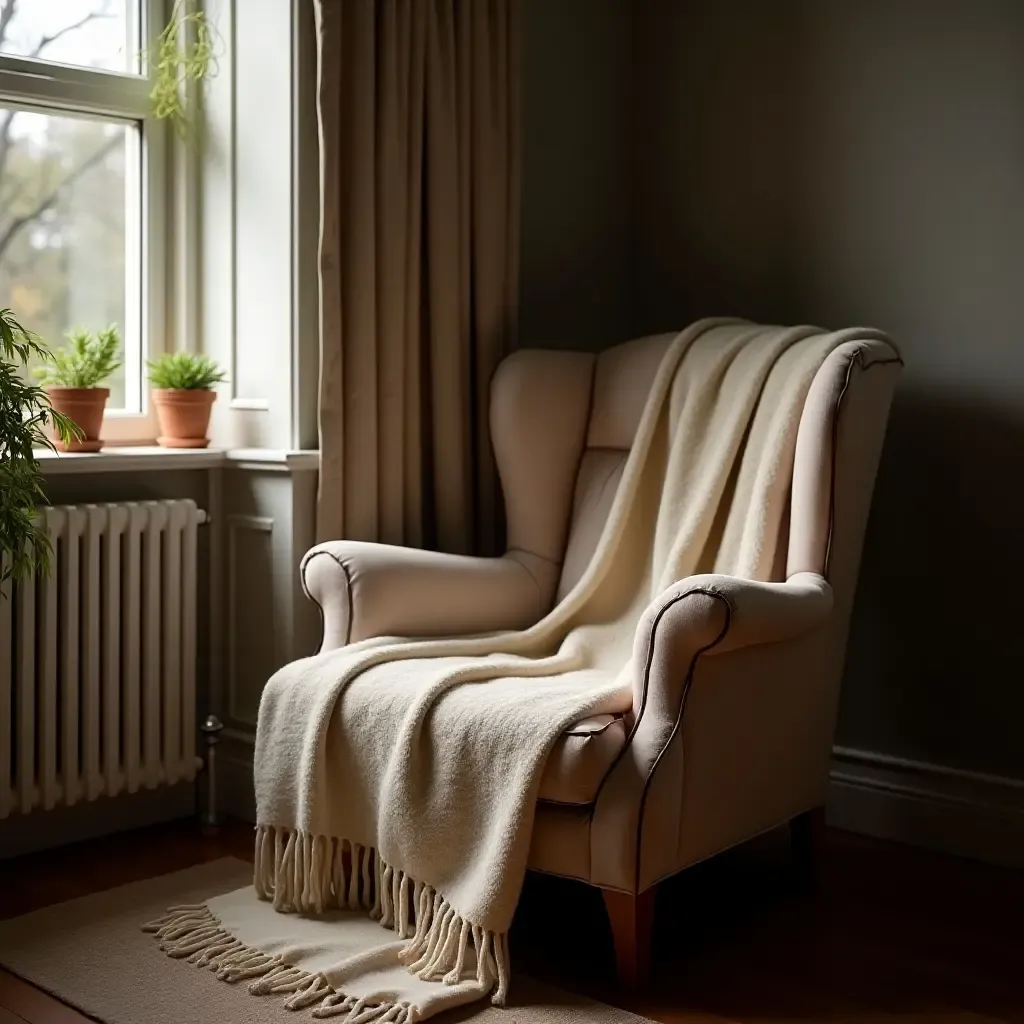 a photo of a reading nook with a cozy blanket draped over a chair