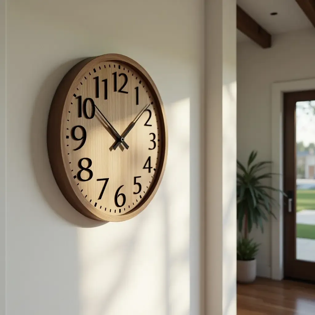 a photo of a wooden clock hanging in a welcoming entryway