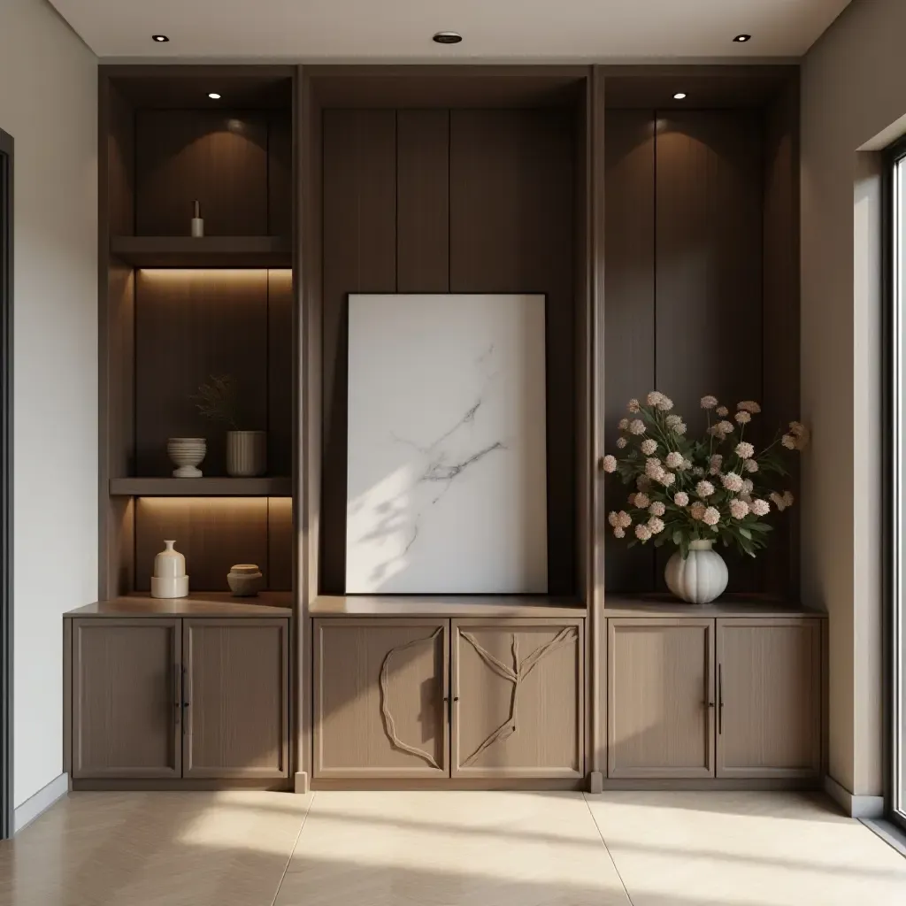 a photo of a contemporary foyer with geometric storage solutions and art