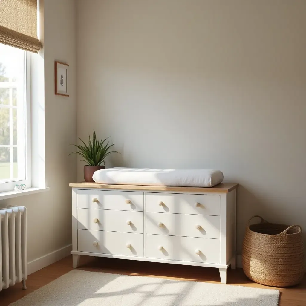 a photo of a nursery with a chic changing table with storage