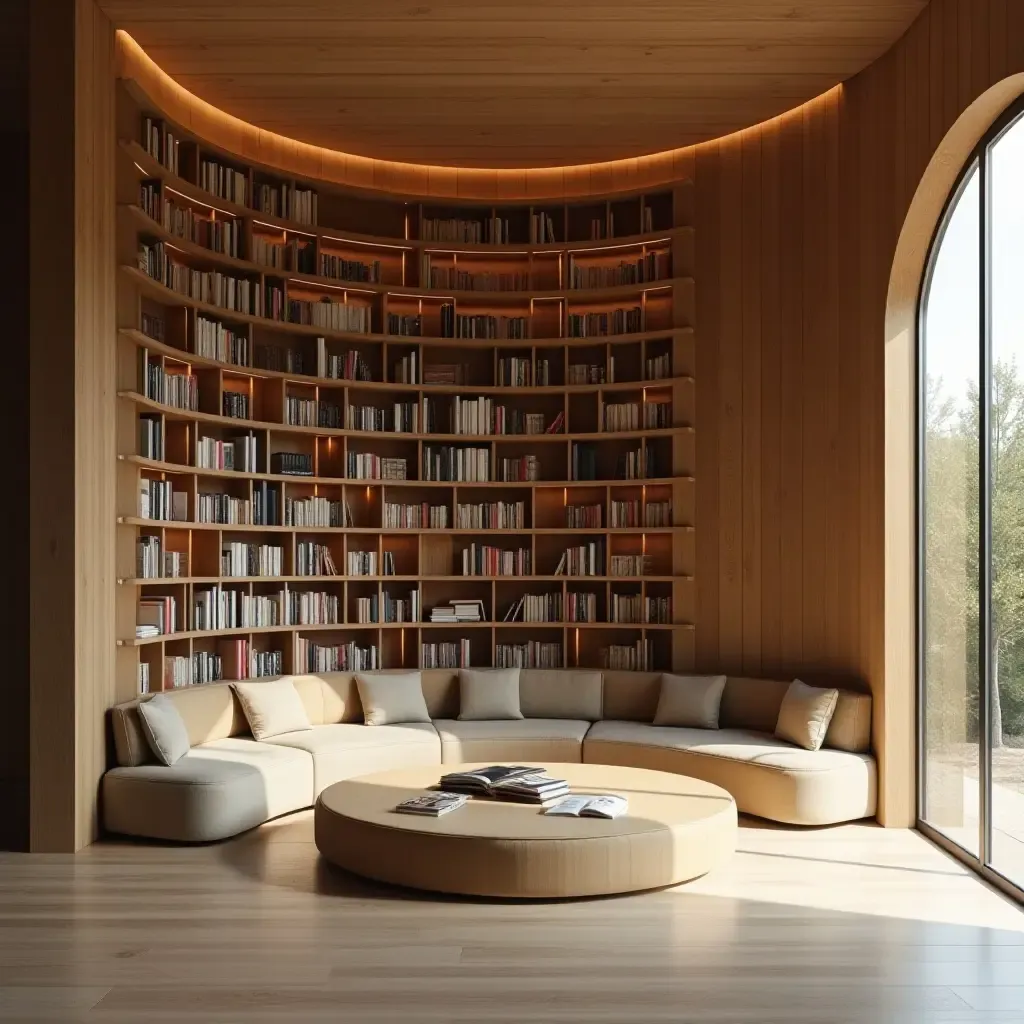 a photo of a minimalist library with a circular reading area