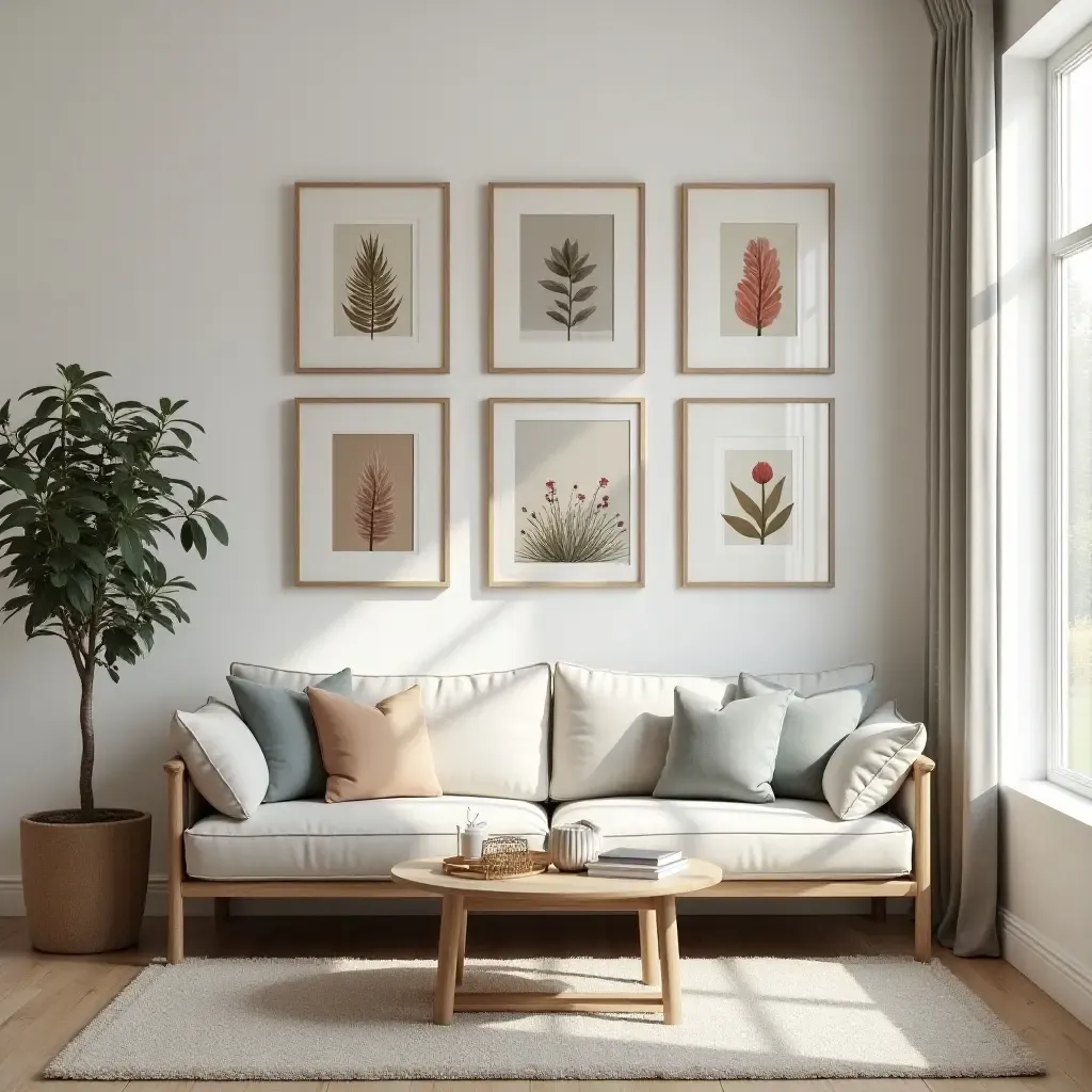 a photo of a small living room with a gallery wall of nature-inspired art