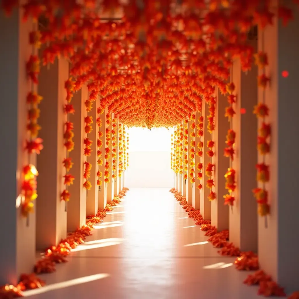 a photo of a corridor adorned with colorful paper garlands