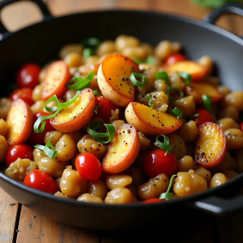 a photo of a hearty Portuguese migas with bread, garlic, and seasonal vegetables.