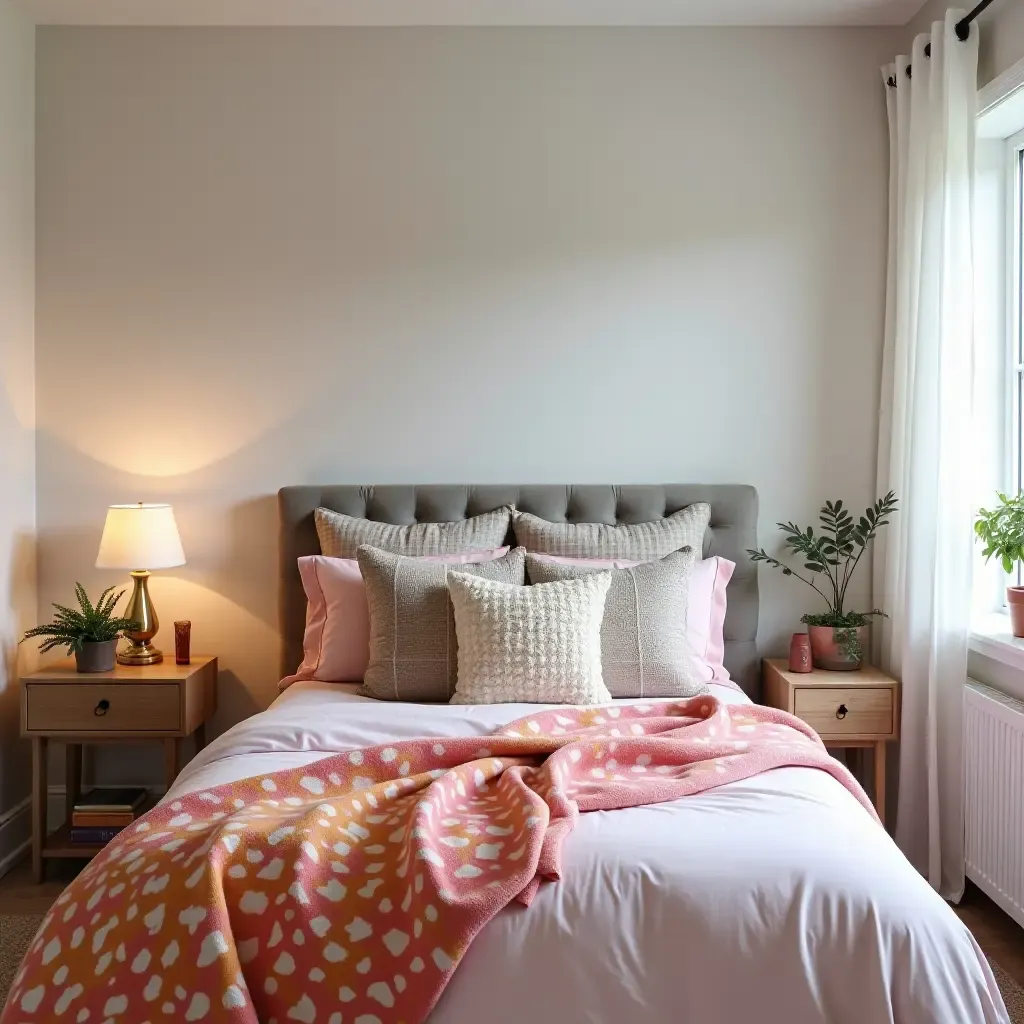 a photo of a cozy teen bedroom with colorful throw pillows on the bed