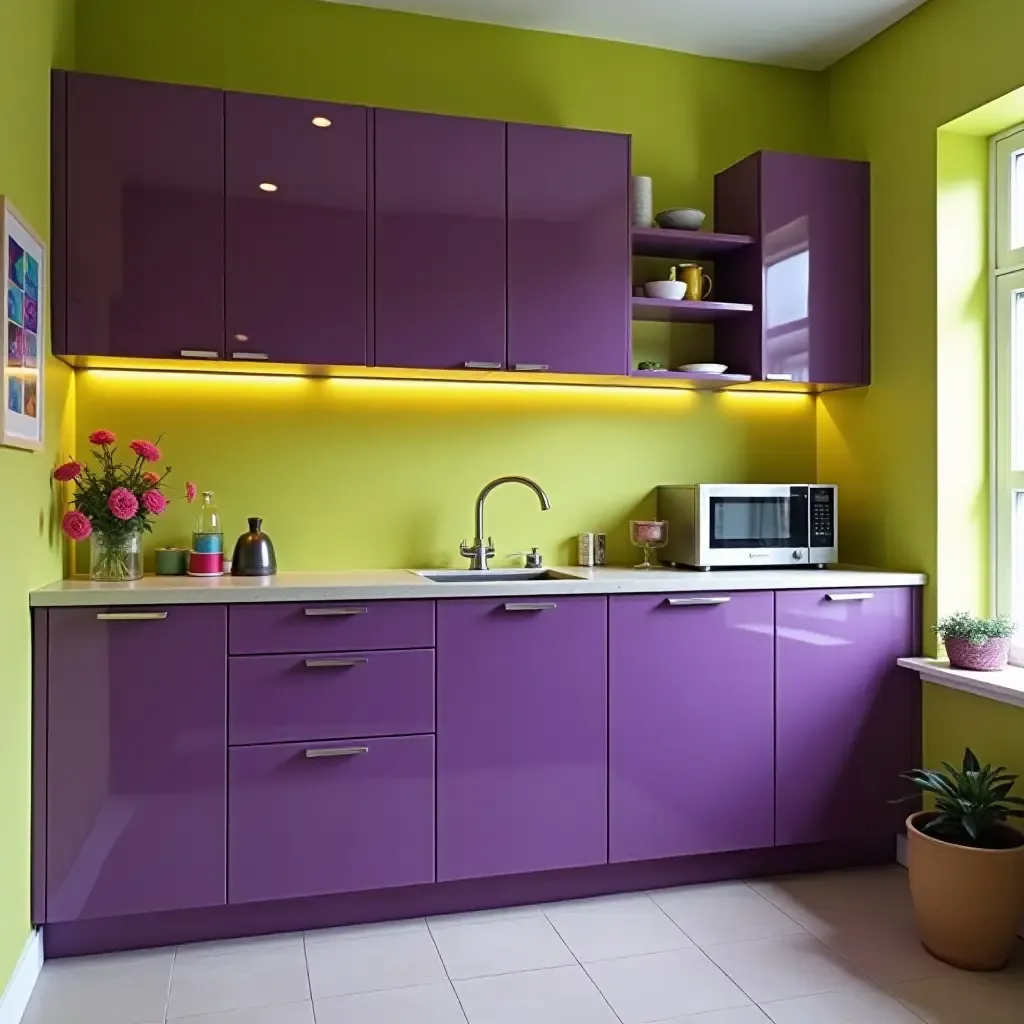 a photo of a playful purple and lime green kitchen with quirky accessories