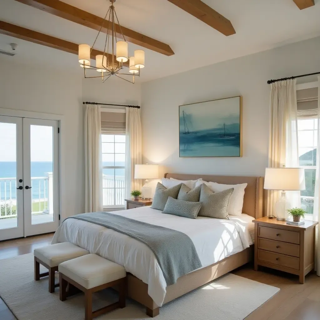 a photo of a coastal-themed bedroom illuminated by sea-inspired pendant lighting