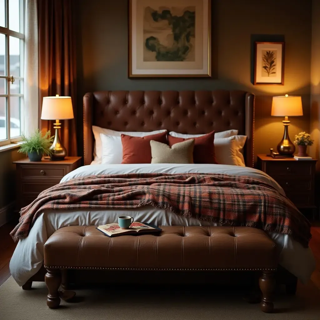 a photo of a cozy bed with plaid and leather accents