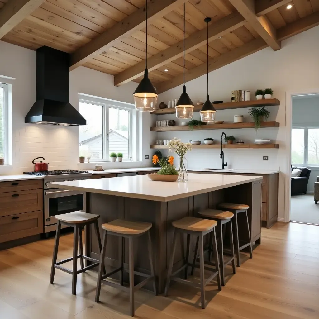 a photo of a rustic kitchen island featuring bar stools and open shelves