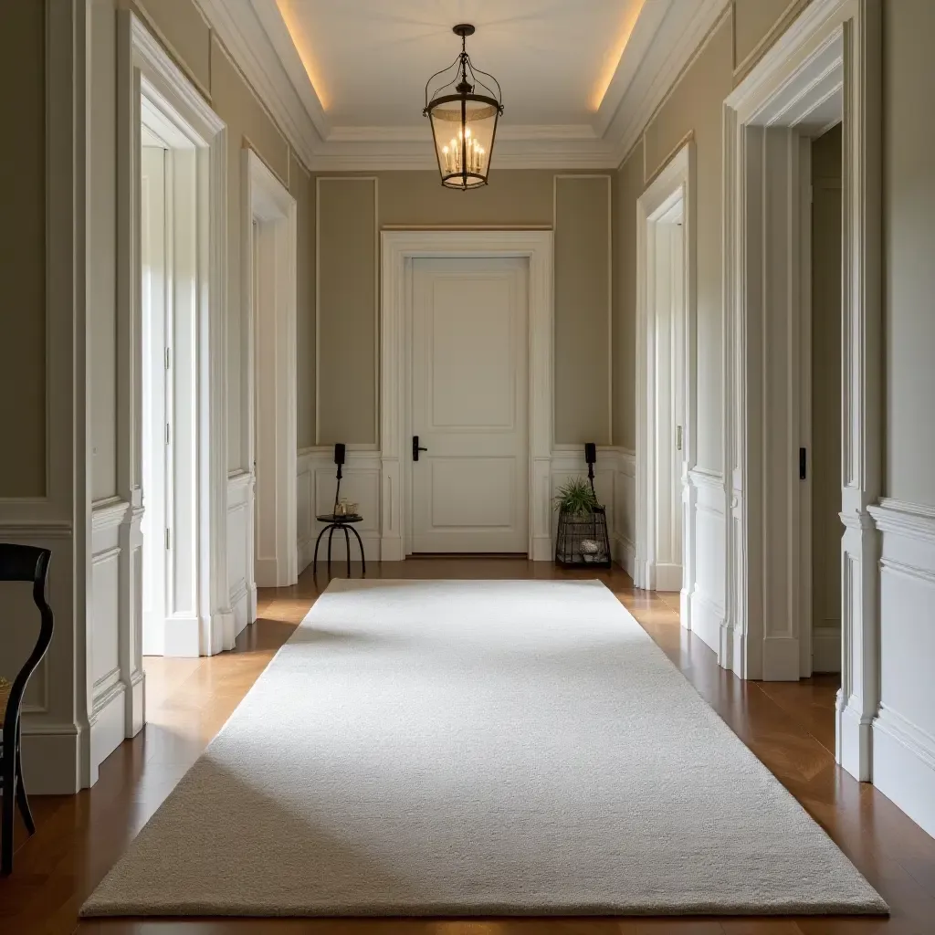 a photo of an elegant, tufted rug in a classic hallway