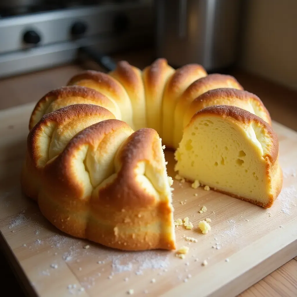 a photo of a rustic gâteau Basque, sliced to reveal its creamy filling, on a kitchen counter.