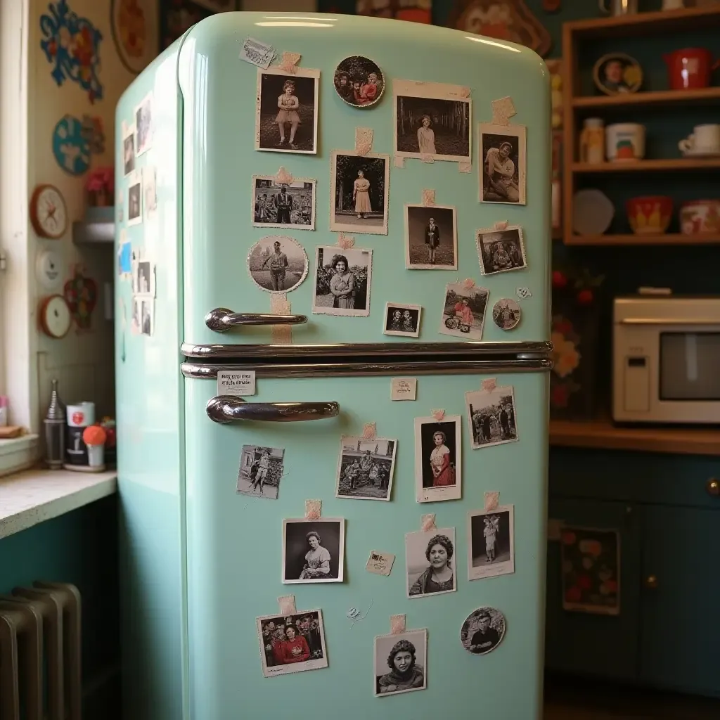 a photo of a vintage-style refrigerator decorated with magnets and photos