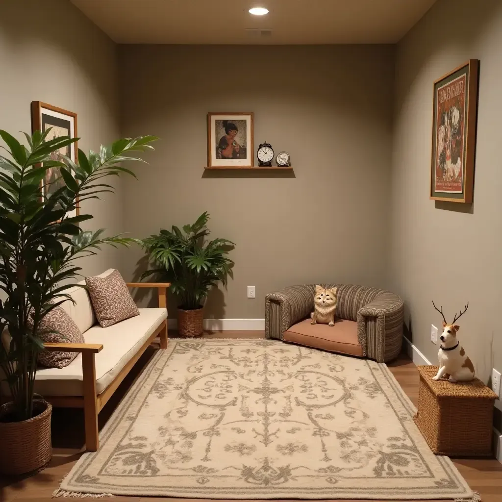 a photo of a basement pet area with cozy beds and fun decor