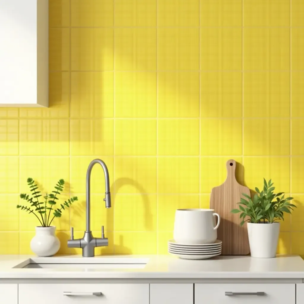 a photo of a bright yellow tile backsplash energizing a sunny kitchen