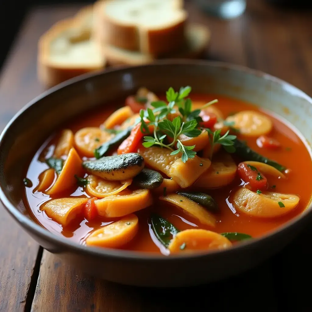 a photo of a steaming bowl of bouillabaisse with colorful fish and herbs, served with crusty bread.