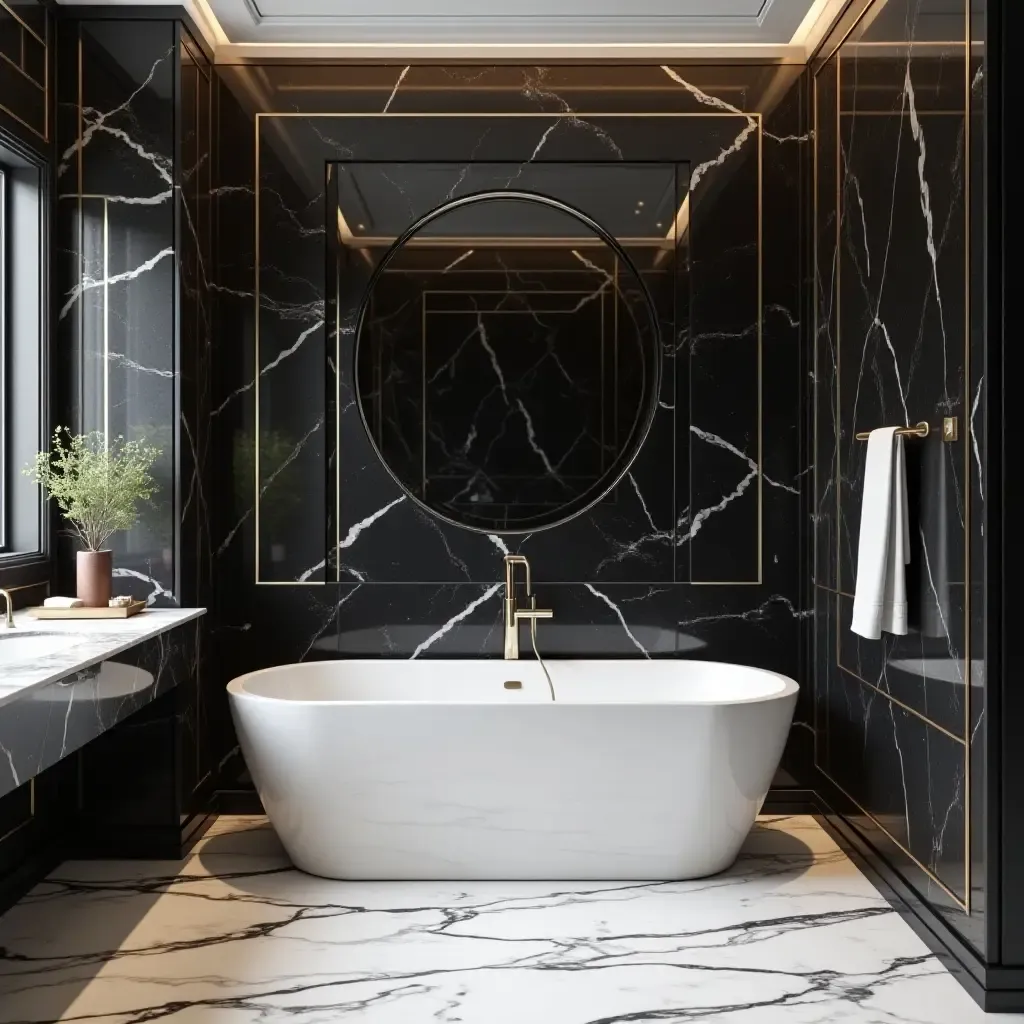 a photo of a glamorous bathroom with black and white marble design