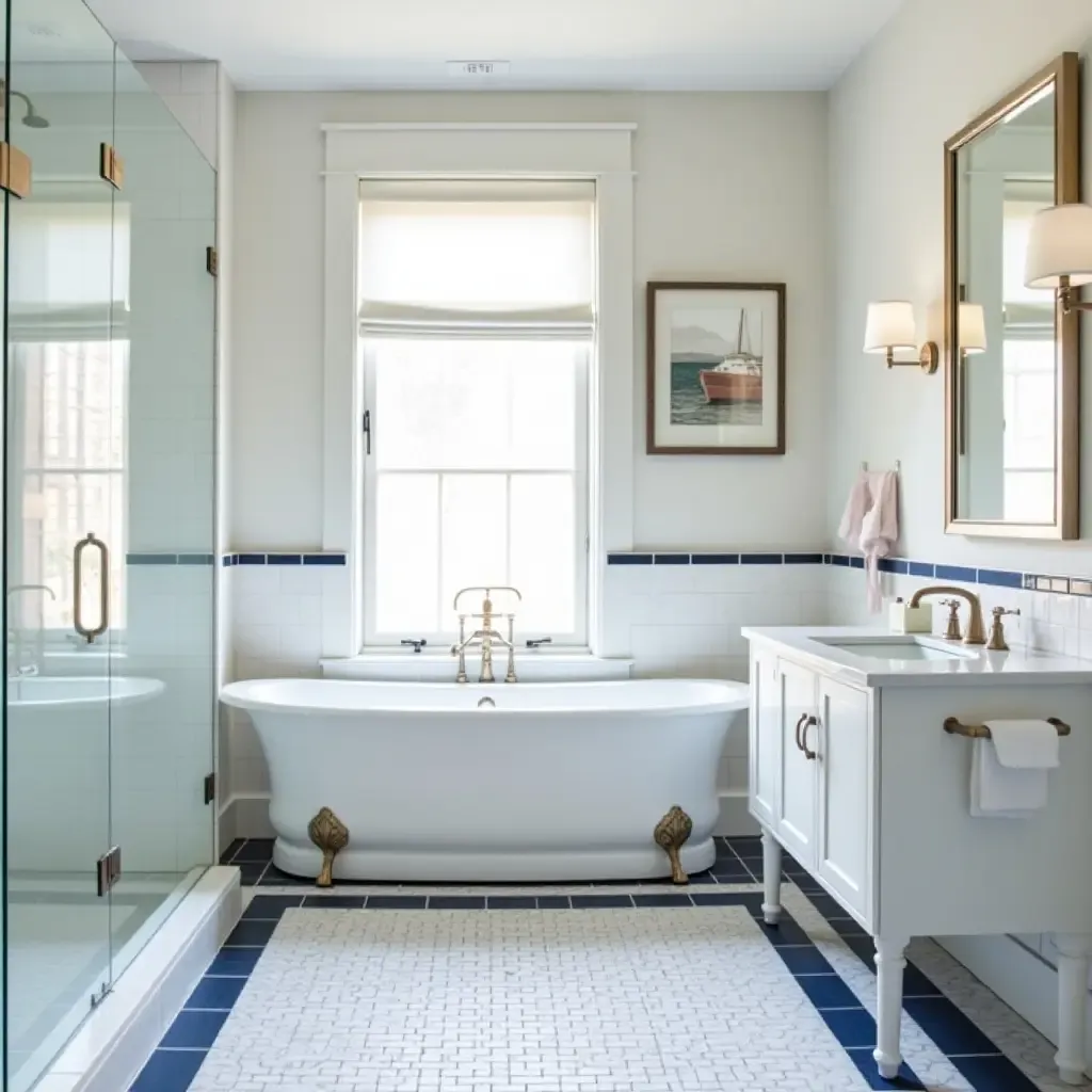 a photo of a classic navy and white bathroom with nautical themes