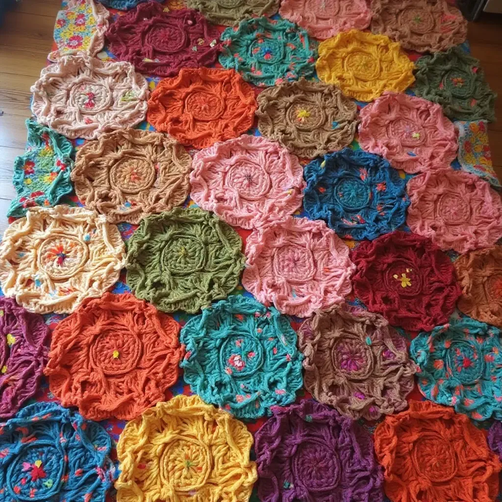 a photo of a colorful patchwork rug with various fabrics