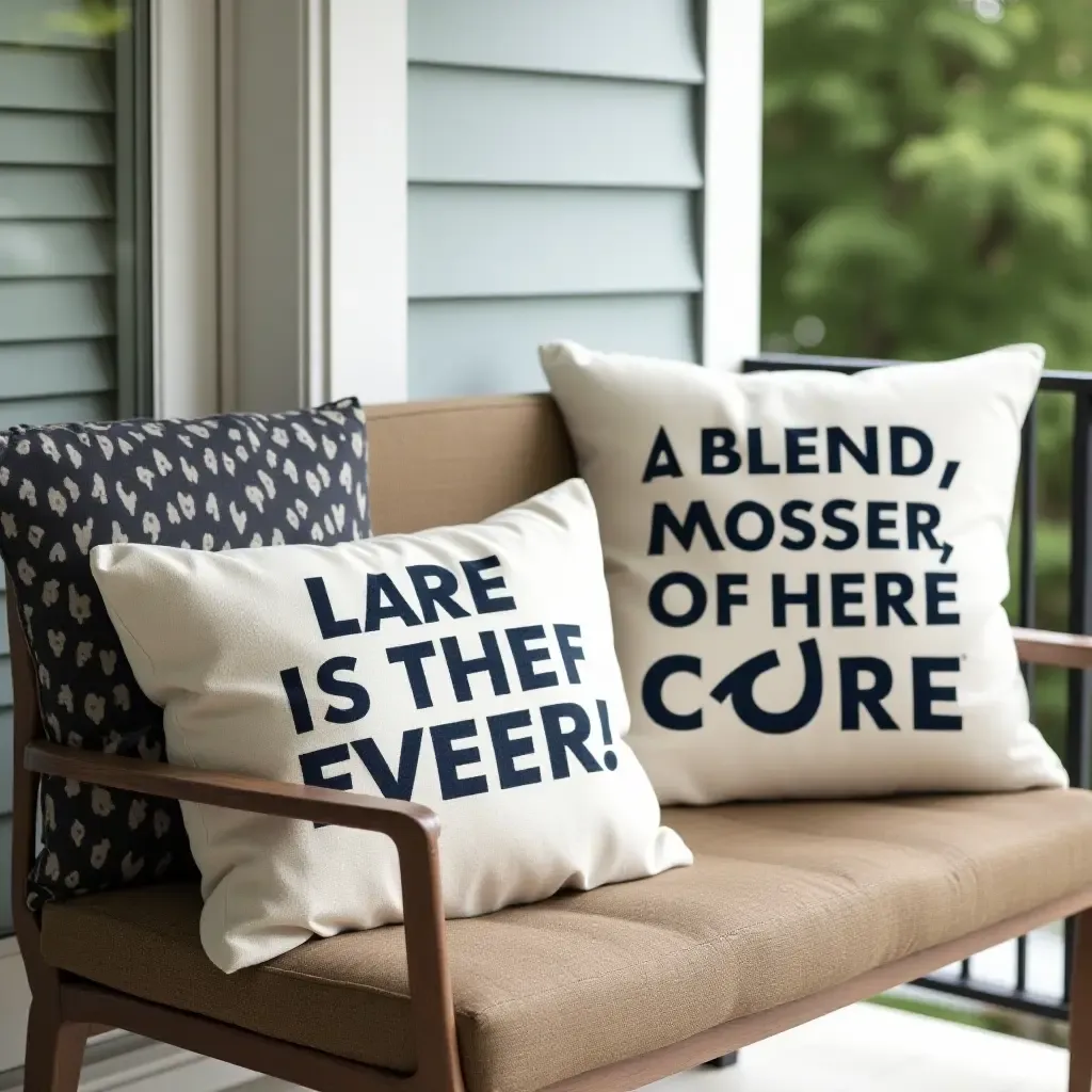 a photo of a balcony with throw pillows featuring inspirational quotes