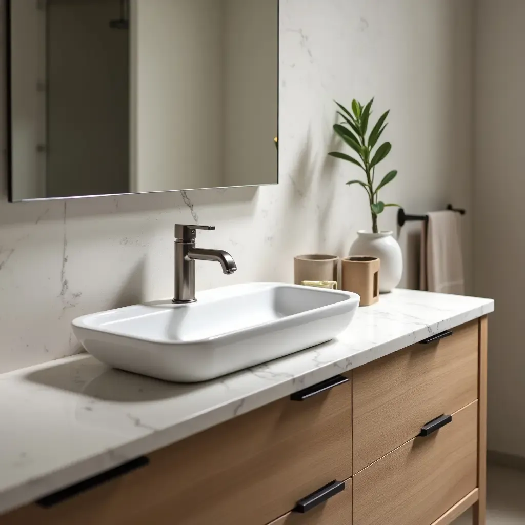 a photo of a bathroom vanity with a unique sink and stylish faucet