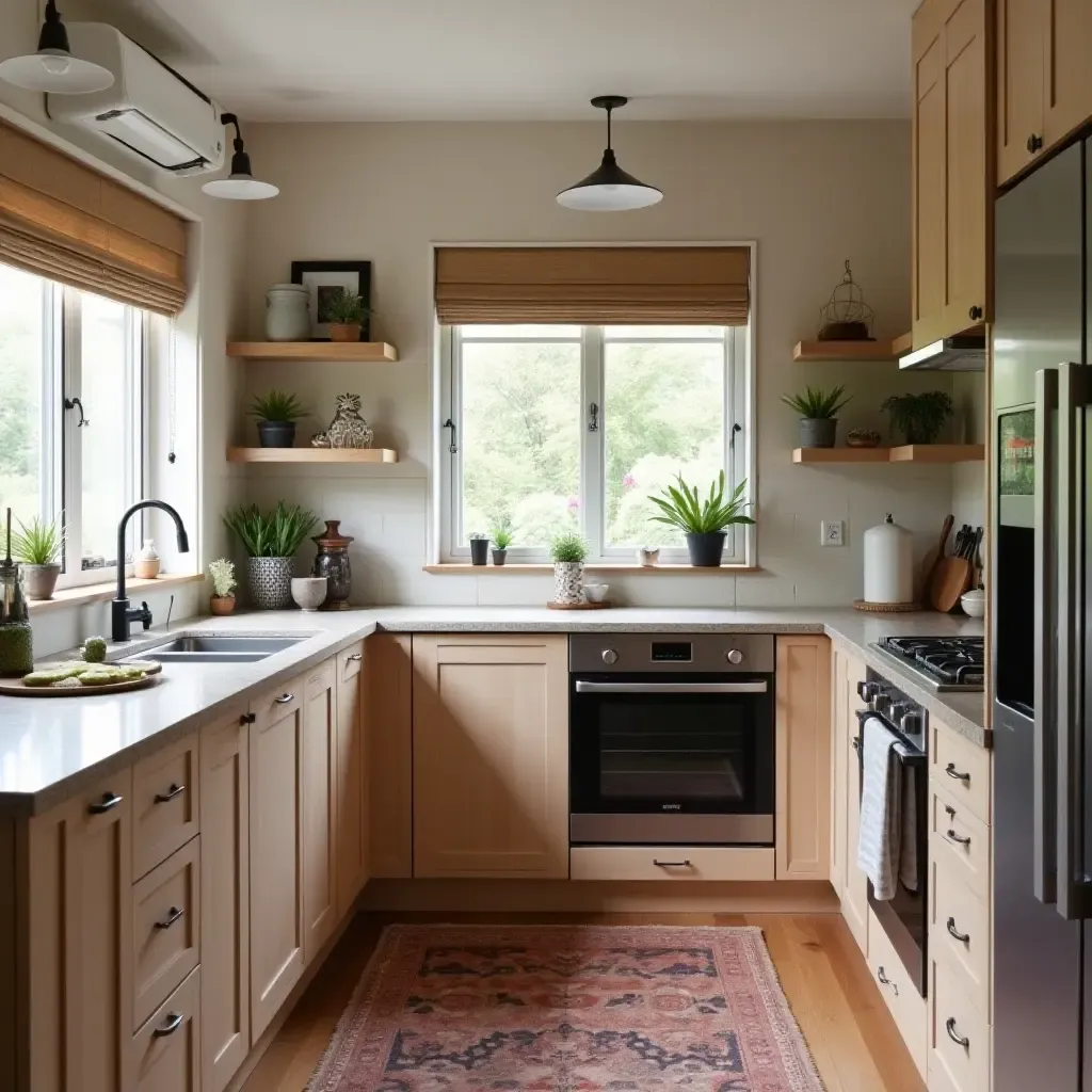 a photo of a functional boho kitchen with multi-purpose furniture and decor