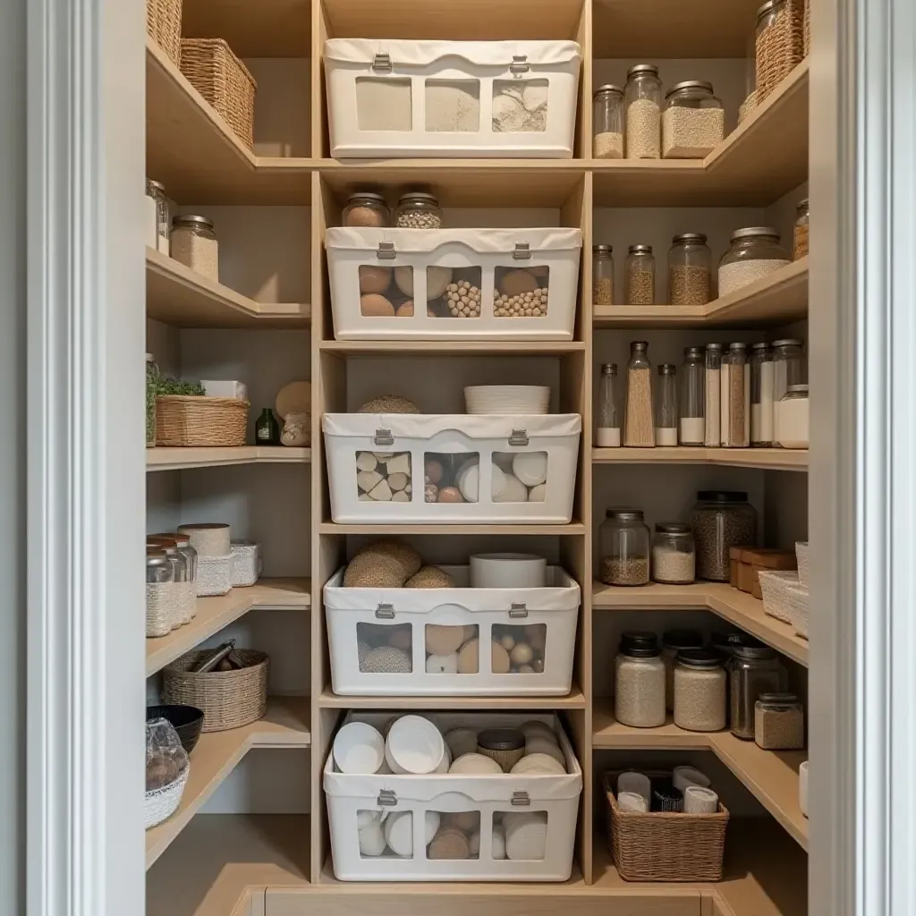 a photo of a pantry organized with stackable bins for maximum efficiency