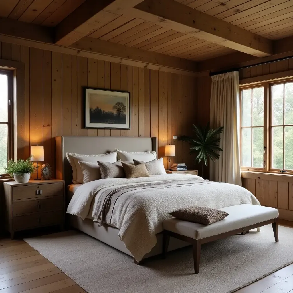 a photo of a rustic bedroom with reclaimed wood accents and cozy textiles