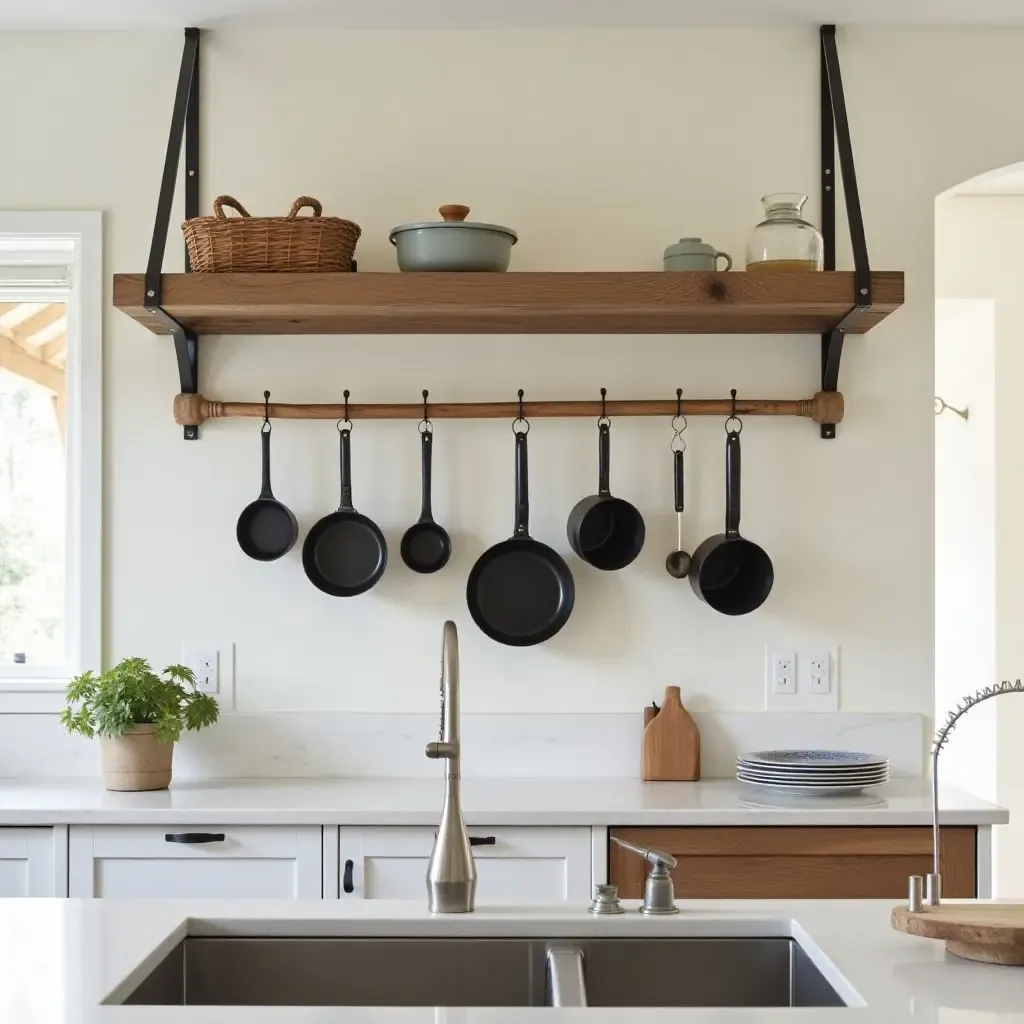 a photo of a wall-mounted pot rack in a farmhouse kitchen