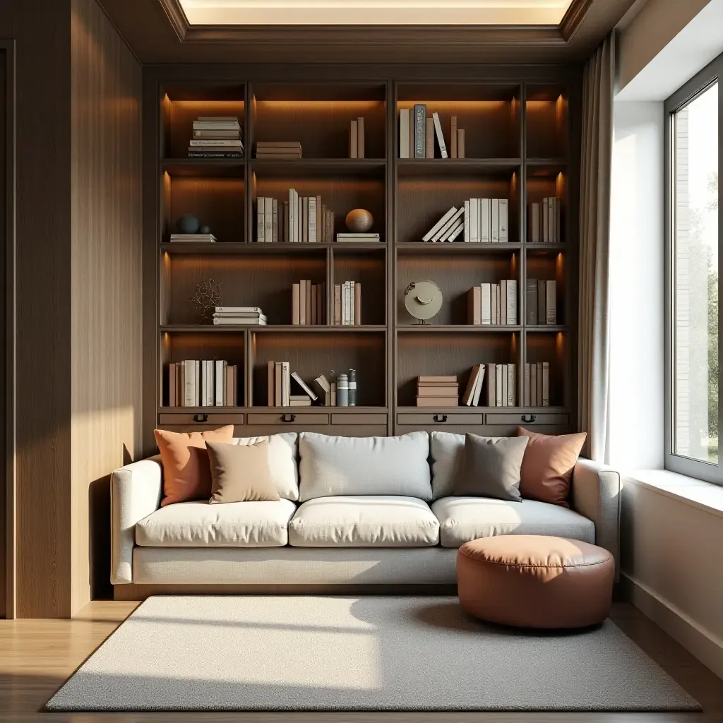 a photo of a bright reading nook with a large bookshelf and a comfy sofa