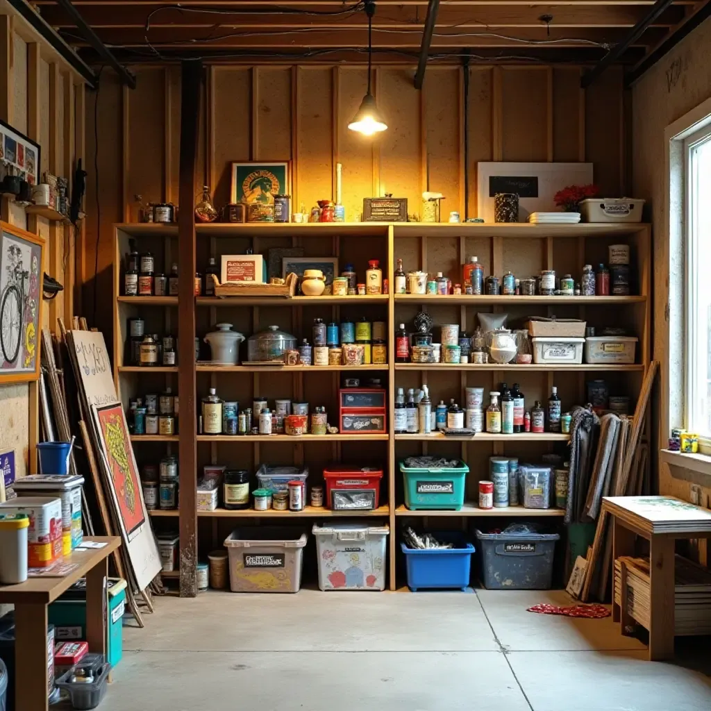 a photo of a vibrant basement shelving area with art supplies organized