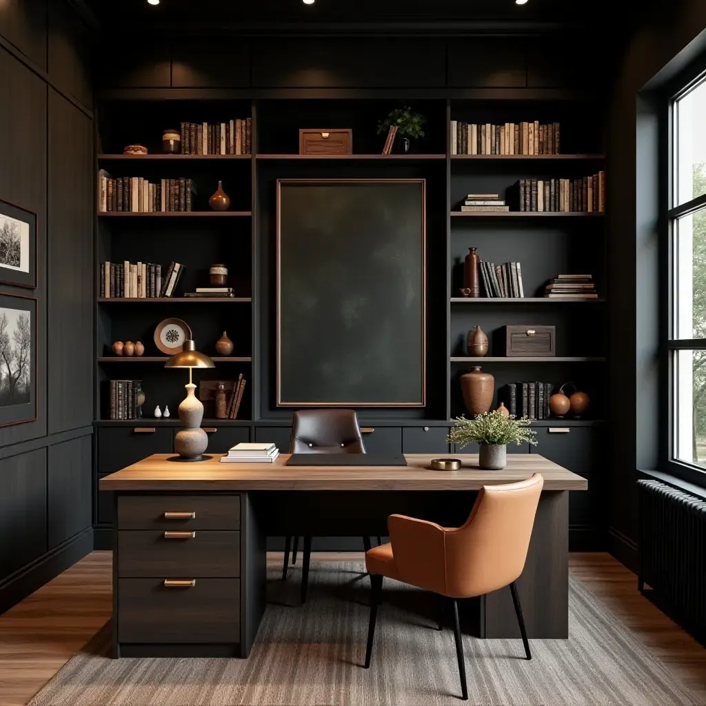 a photo of a library with a dark wood desk and industrial-style decor