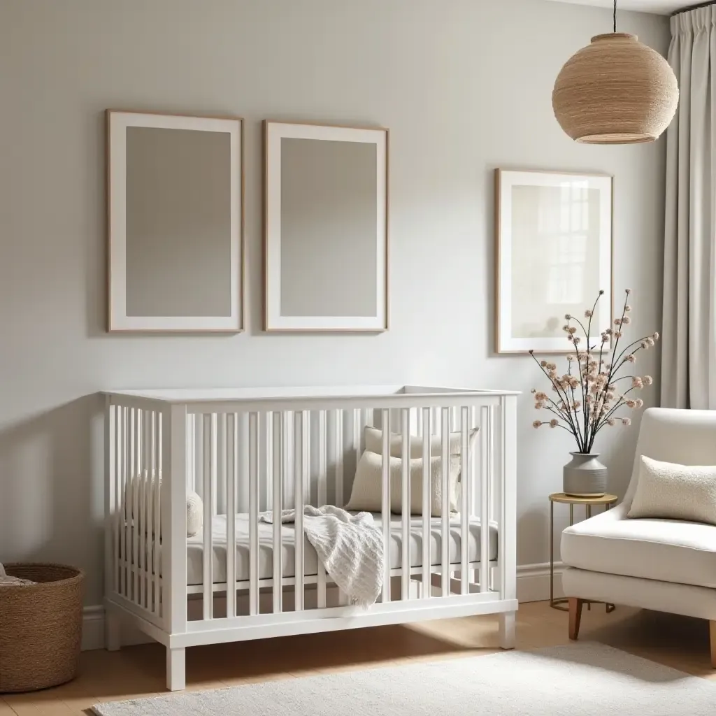 a photo of a nursery featuring a sophisticated color scheme and stylish decor