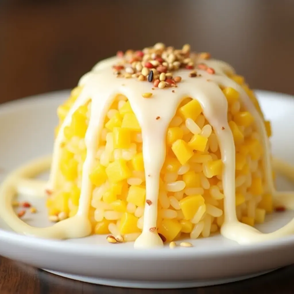 a photo of Thai mango sticky rice with coconut milk drizzle and sesame seeds on a plate.