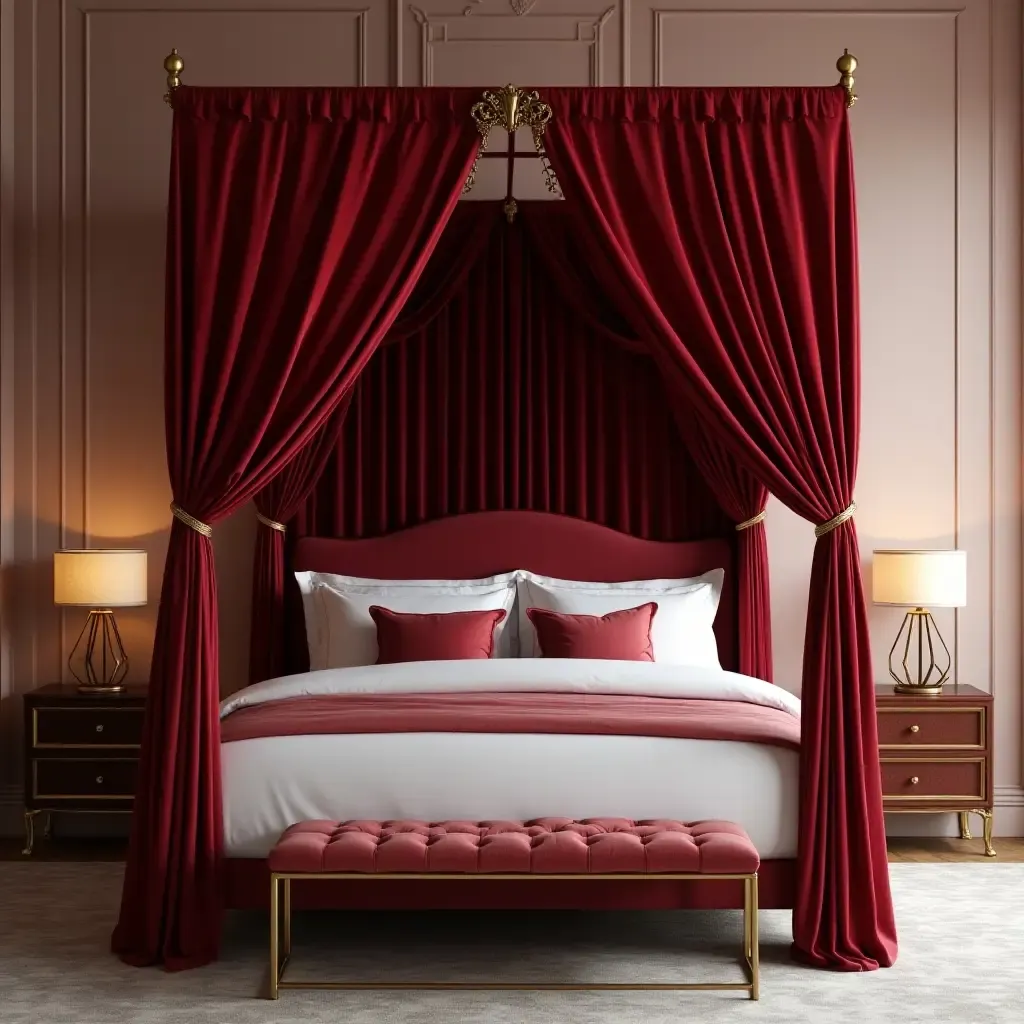 a photo of a romantic canopy bed with velvet drapes and gold accents