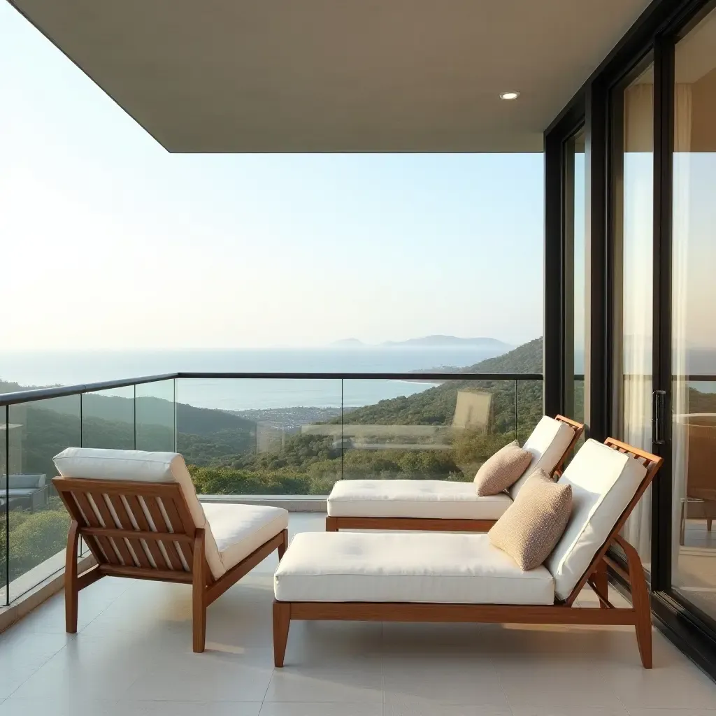 a photo of a balcony with a view, featuring comfy lounge chairs