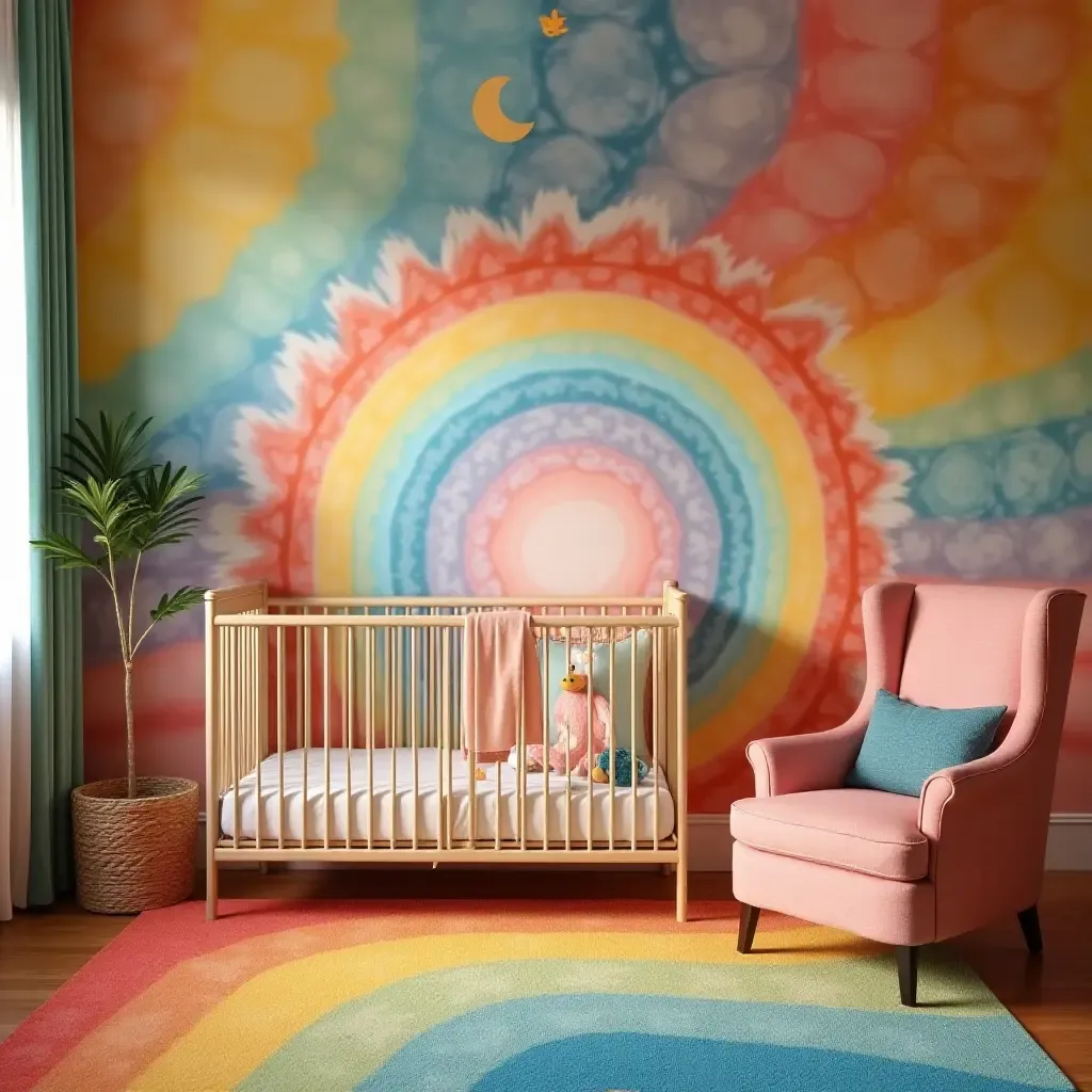 a photo of a nursery decorated in vibrant rainbow colors