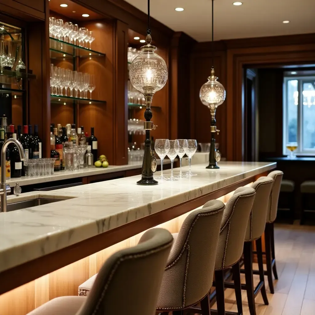 a photo of a luxurious basement bar with marble countertops and crystal glassware