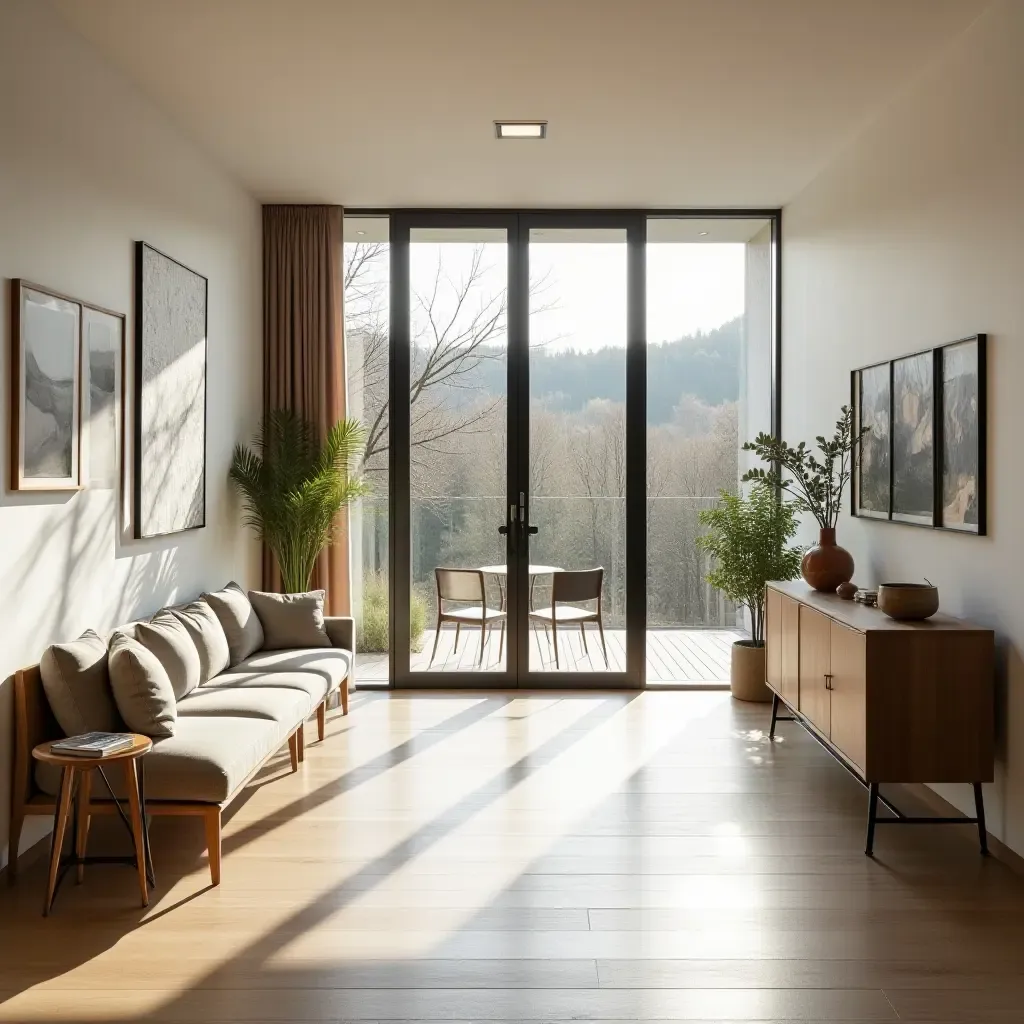 a photo of an airy entrance with large windows and Scandinavian design furniture