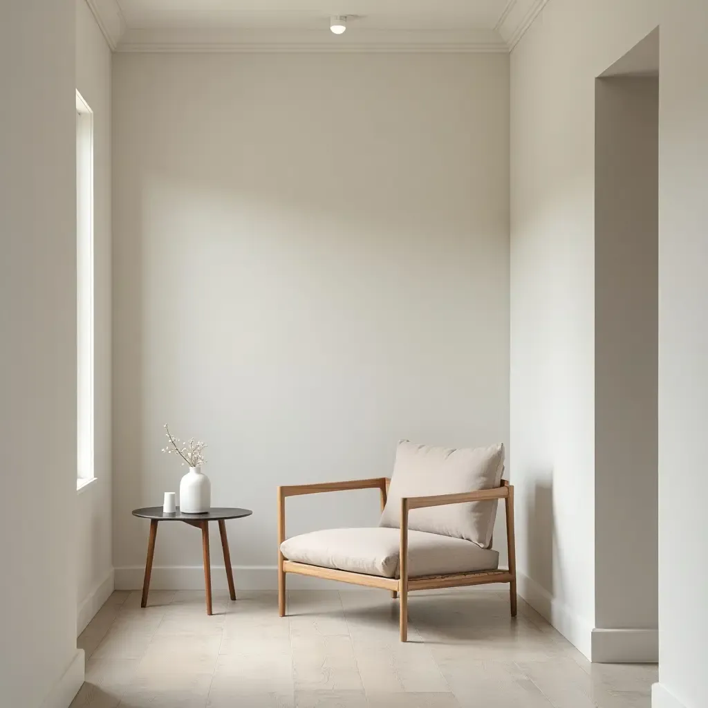 a photo of a minimalist corridor with a single chair and side table