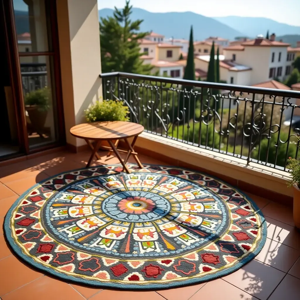 a photo of a colorful mosaic rug on a Mediterranean-style balcony