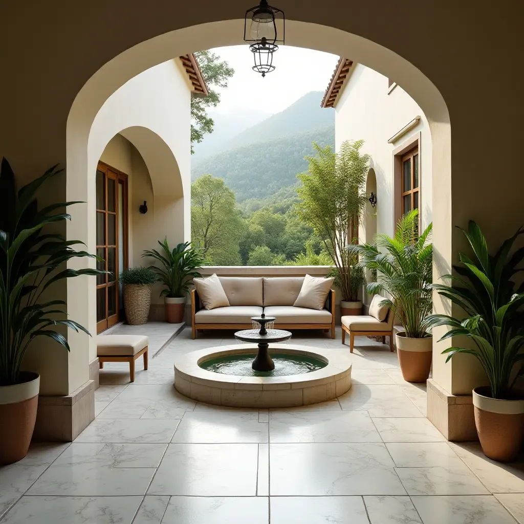 a photo of a balcony with a small fountain and comfortable seating