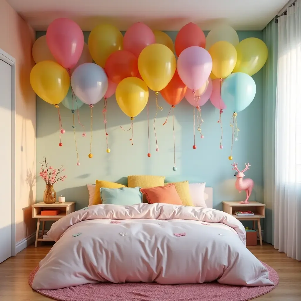 a photo of a colorful balloon-themed bedroom with floating decor