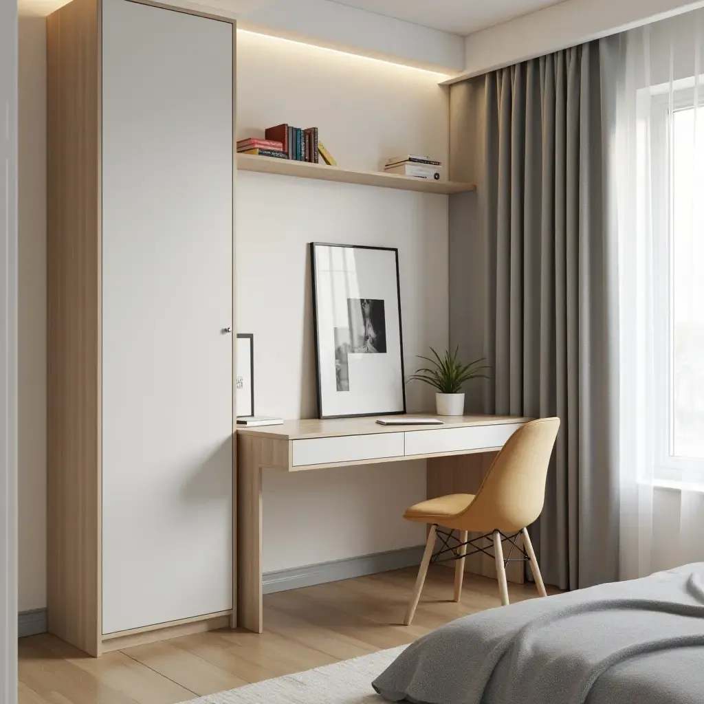 a photo of a teen bedroom featuring a foldable desk for space-saving