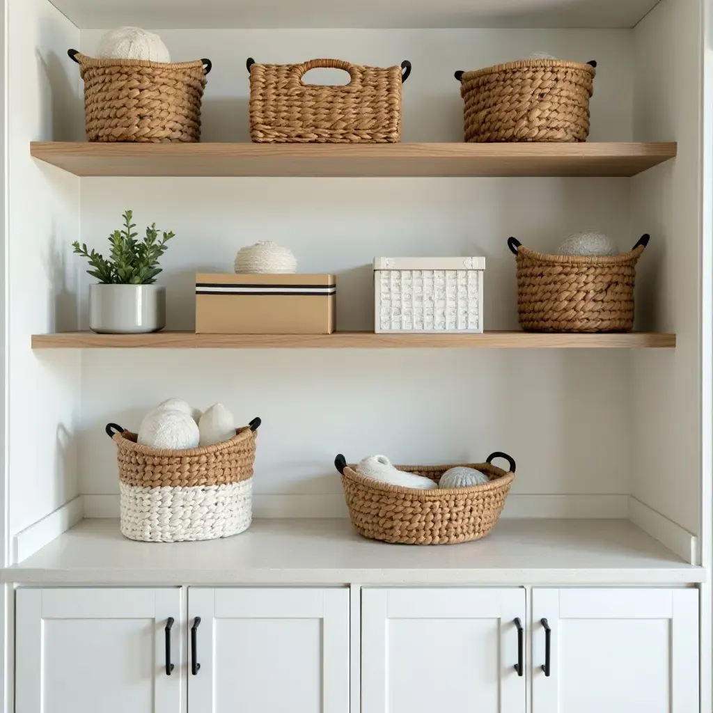 a photo of open shelving organized with stylish baskets and decorative boxes